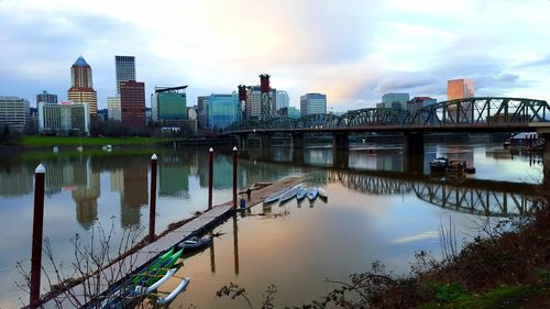 Bridge over river with city in background