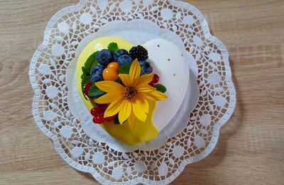 High angle view of breakfast on table