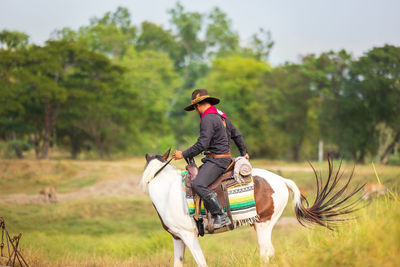 Rear view of woman riding horse on field