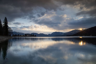 Scenic view of lake against sky during sunset