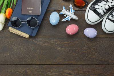 High angle view of various objects on table