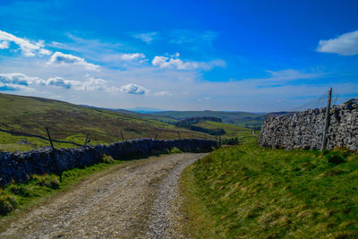 Road amidst field against blue sky