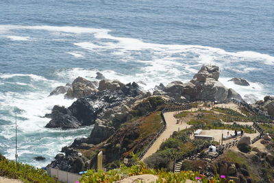 High angle view of sea and rocks