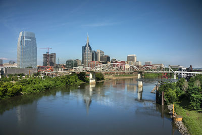 River by buildings against clear blue sky