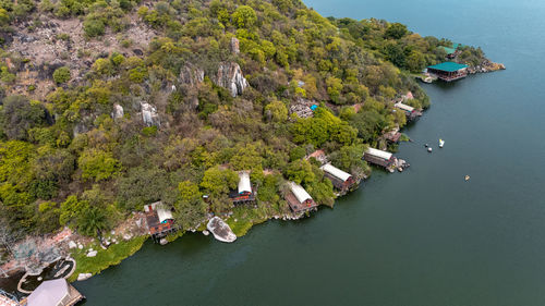 High angle view of boats in sea