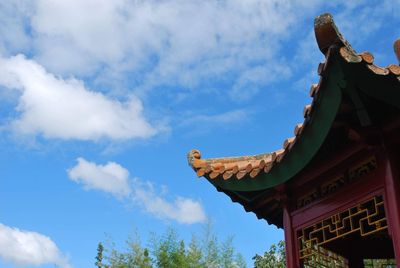 Low angle view of temple and building against sky