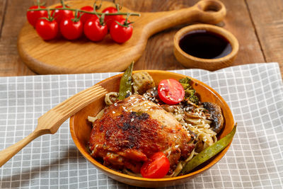 High angle view of food in plate on table