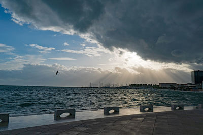 Birds flying over sea against sky