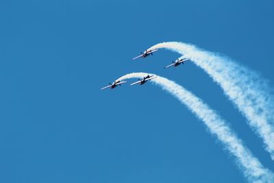 Low angle view of fighter planes flying against blue sky