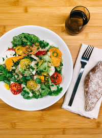 High angle view of meal served on table