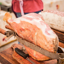 Close-up of meat on equipment