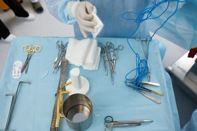 High angle view of medical equipment on table