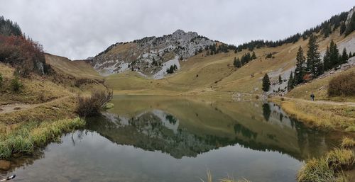 Scenic view of lake and mountains against sky