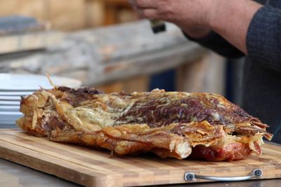 Close-up of meat on barbecue grill