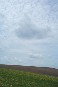 Scenic view of grassy field against cloudy sky