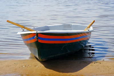 Boat moored on beach