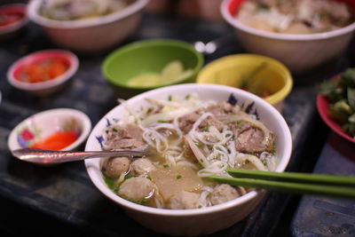 High angle view of soup in bowl on table