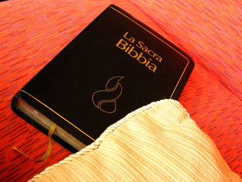 High angle view of text on book at table
