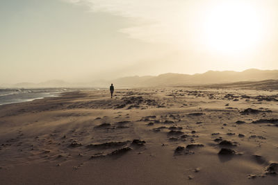 Rear view of woman at sandy beach