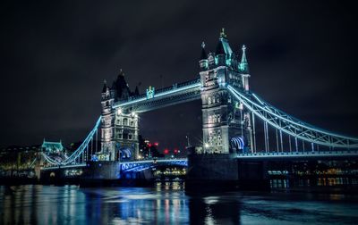 Illuminated bridge over river at night