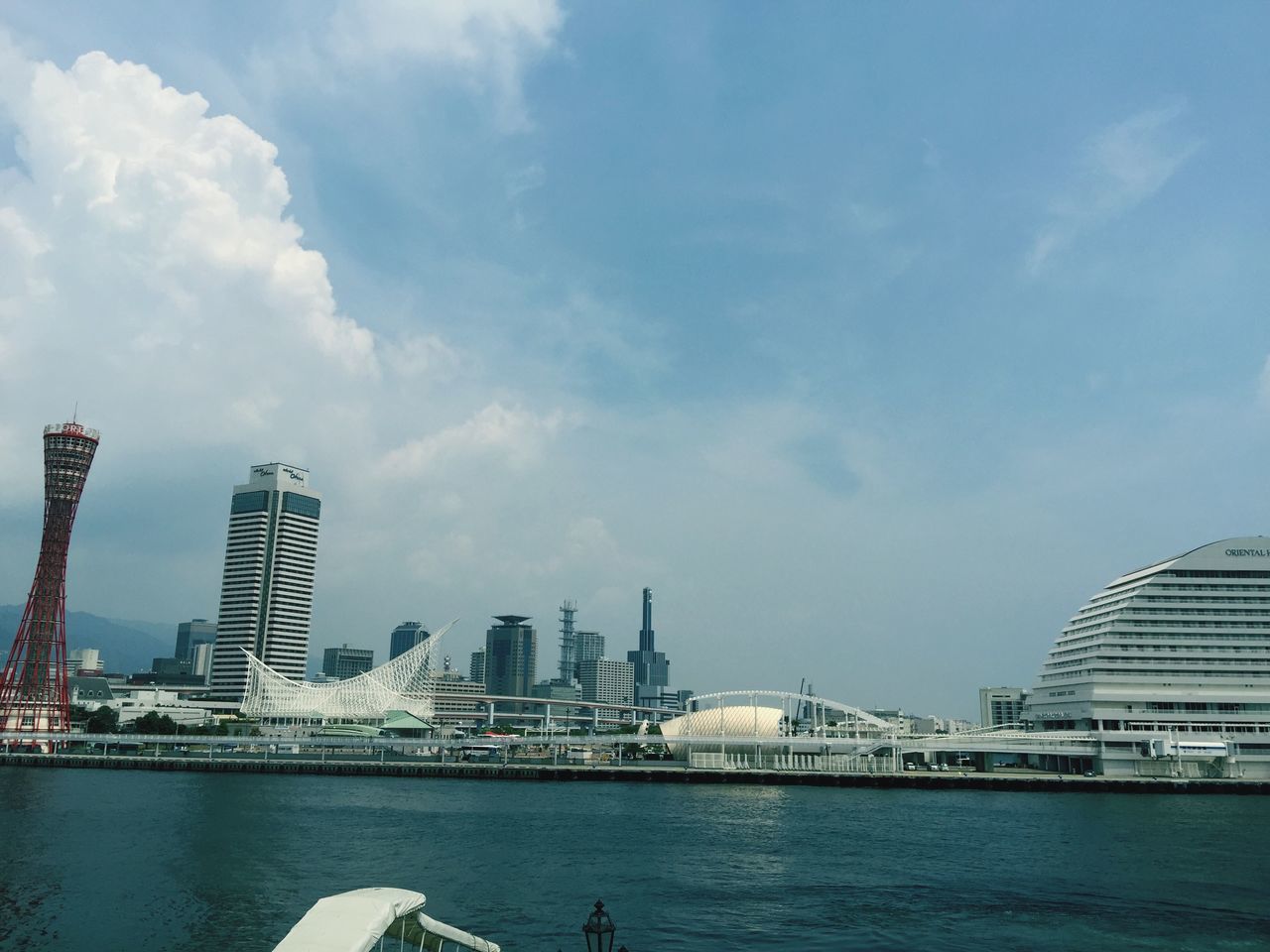 architecture, building exterior, built structure, city, water, cityscape, waterfront, sky, skyscraper, river, urban skyline, office building, modern, tall - high, nautical vessel, cloud - sky, financial district, harbor, tower, transportation