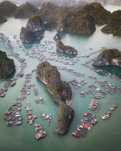 Floating fishing village off the coast in cat ba island, vietnam