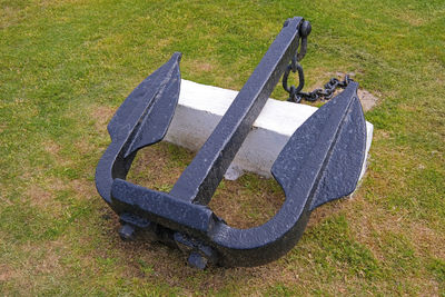 High angle view of empty bench in park