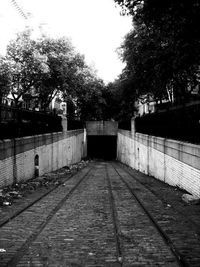 Narrow walkway leading towards bridge in park