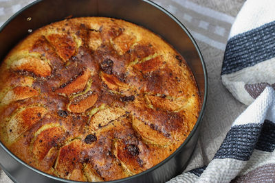 High angle view of bread in cooking pan