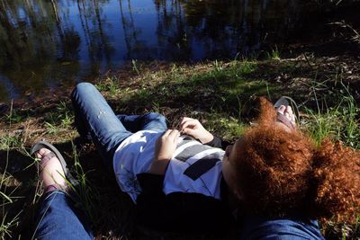 High angle view of people relaxing on land