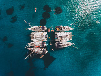 High angle view of boats moored in sea