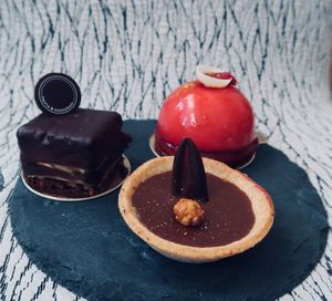 High angle view of dessert on table