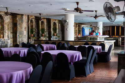 Empty chairs and tables in restaurant