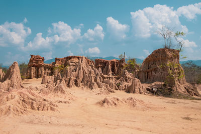 Panoramic view of rock formations on landscape against sky