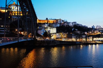 Illuminated bridge over river by buildings against sky in city