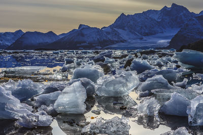 Snow covered rocks by sea against sky