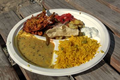 High angle view of food in plate on table
