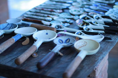 High angle view of buttons on table