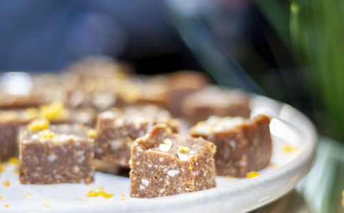 Close-up of bite-size cake pieces in plate