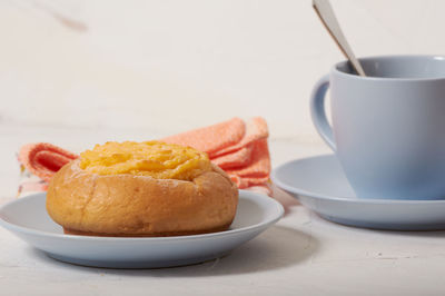 Close-up of dessert served on table