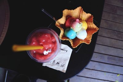 High angle view of dessert on table