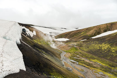View of snowy landscape in iceland on cloudy day during famous laugavegur trail