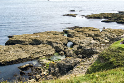 High angle view of rocks at sea shore