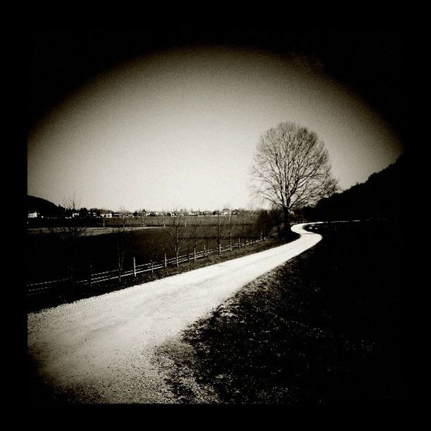 road, transfer print, the way forward, transportation, tree, clear sky, auto post production filter, bare tree, diminishing perspective, copy space, road marking, street, sky, vanishing point, empty, landscape, vignette, field, tranquility, country road