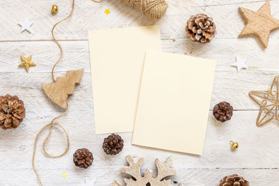 High angle view of paper on table