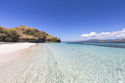 Scenic view of beach against clear blue sky