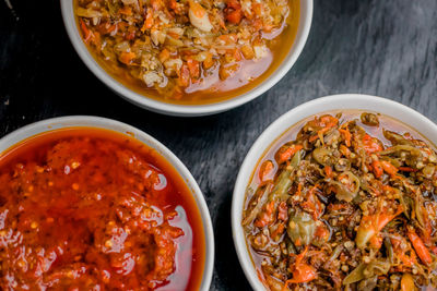 High angle view of noodles in bowl on table