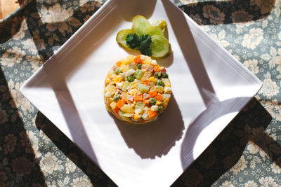 High angle view of food served in plate on table