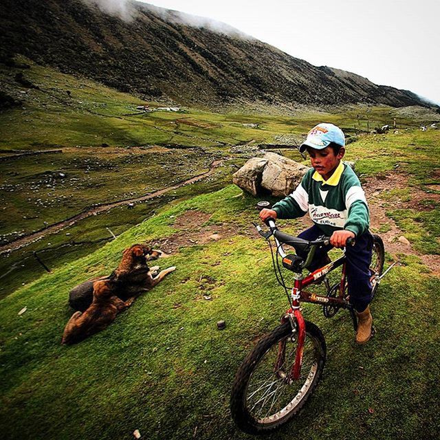 transportation, bicycle, land vehicle, mode of transport, mountain, landscape, grass, riding, men, field, full length, leisure activity, lifestyles, mountain range, motorcycle, adventure, nature, grassy