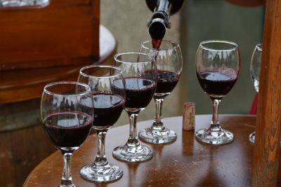 Close-up of wine glasses on table